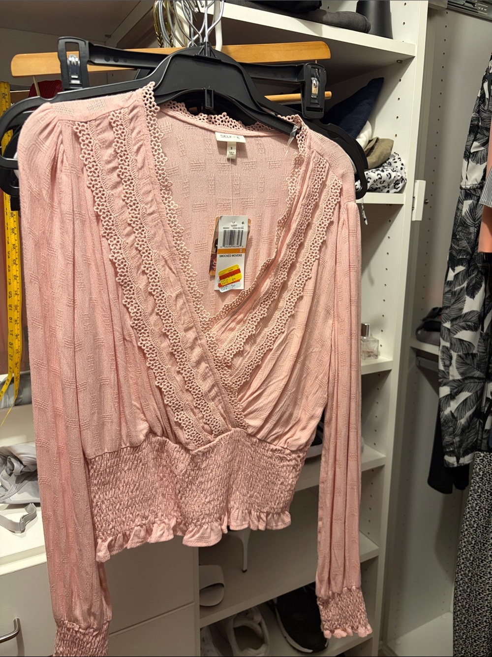 Pink Lace-Trim Surplice Blouse with Smocked Waist